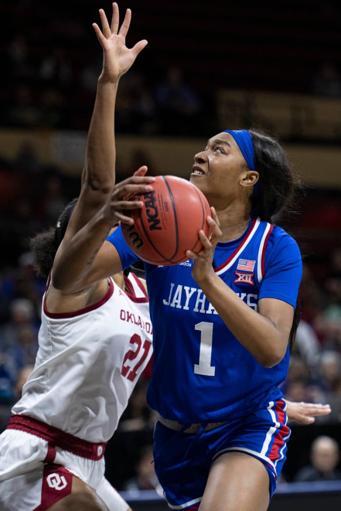 Mar 11, 2022; Kansas City, MO, USA; Kansas Jayhawks center Taiyanna Jackson (1) tries to shoot while defended by Oklahoma Sooners forward Nydia Lampkin (21) in the second half at Municipal Auditorium. Mandatory Credit: Amy Kontras-USA TODAY Sports